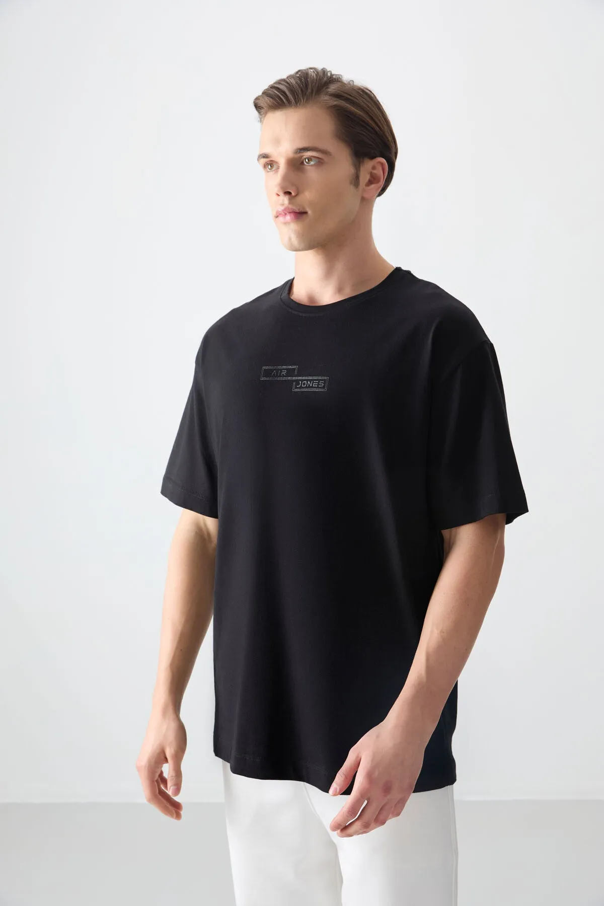 0 pamuk kalin yumuşak dokulu oversize fit baskili erkek t-shirt - 88361