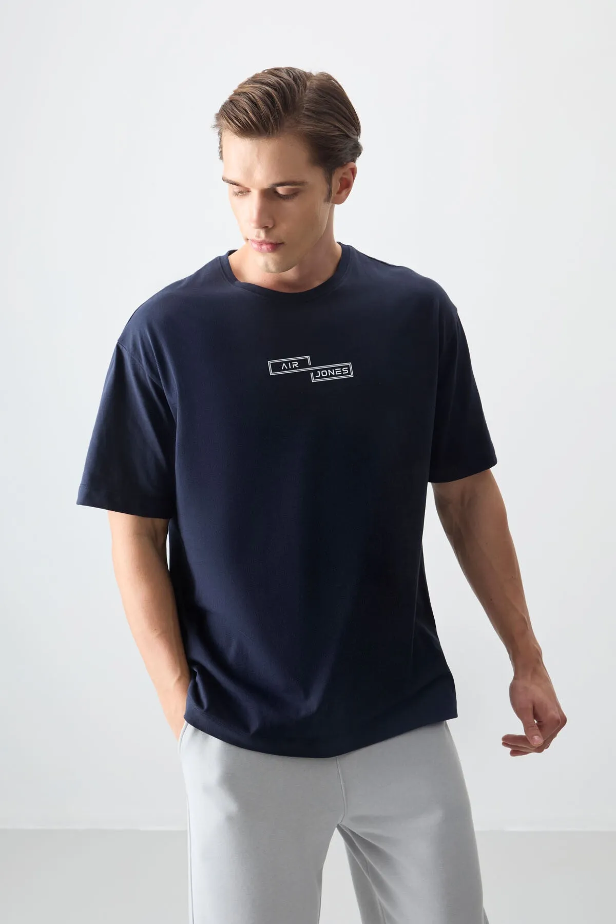 0 pamuk kalin yumuşak dokulu oversize fit baskili erkek t-shirt - 88361