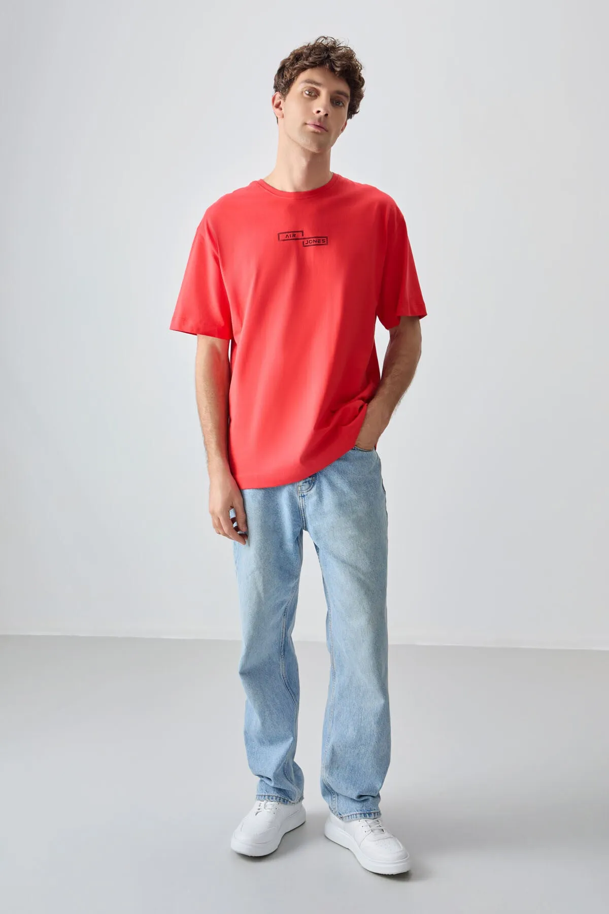 0 pamuk kalin yumuşak dokulu oversize fit baskili erkek t-shirt - 88361