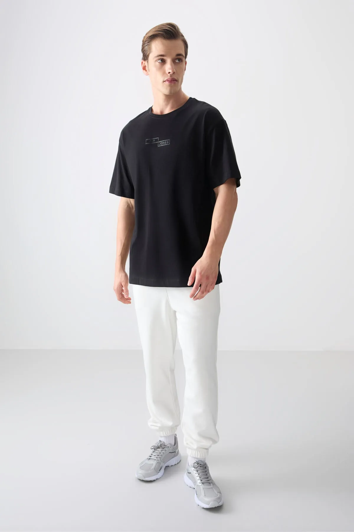 0 pamuk kalin yumuşak dokulu oversize fit baskili erkek t-shirt - 88361