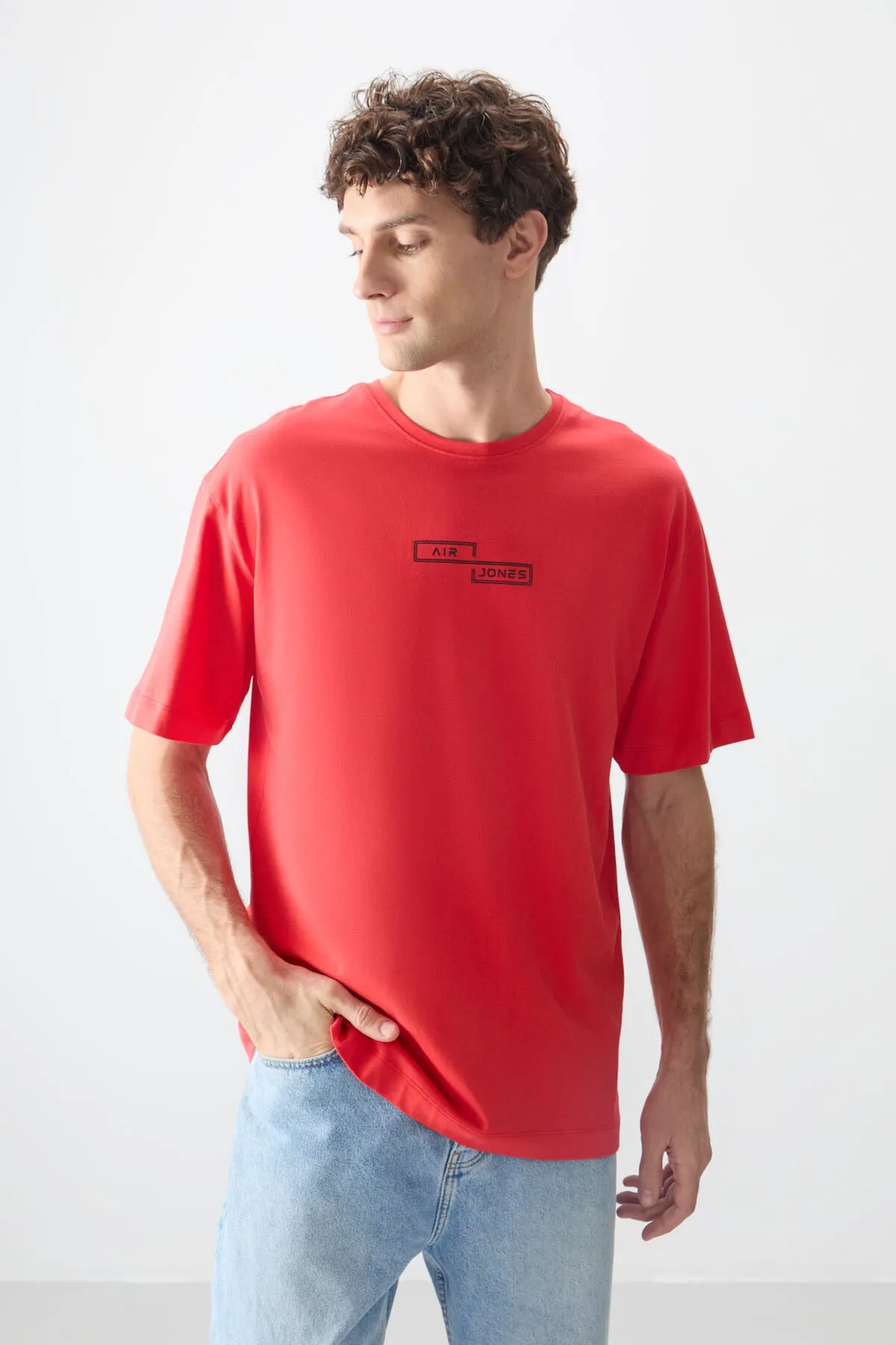0 pamuk kalin yumuşak dokulu oversize fit baskili erkek t-shirt - 88361