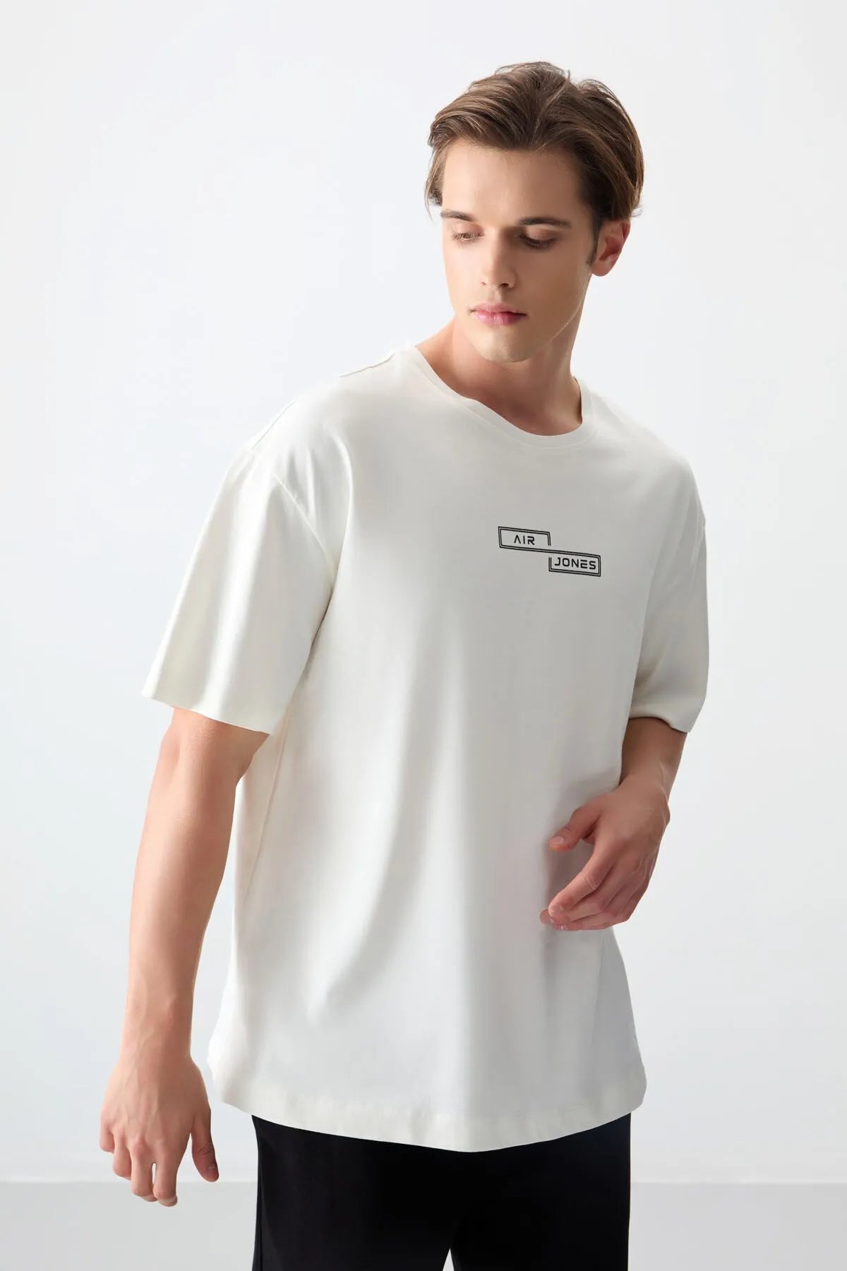 0 pamuk kalin yumuşak dokulu oversize fit baskili erkek t-shirt - 88361