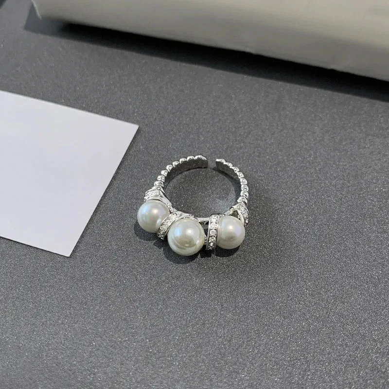 925 Sterling Silver Open Finger Ring Charm Jewelry - Triple Pearl - TSJ97