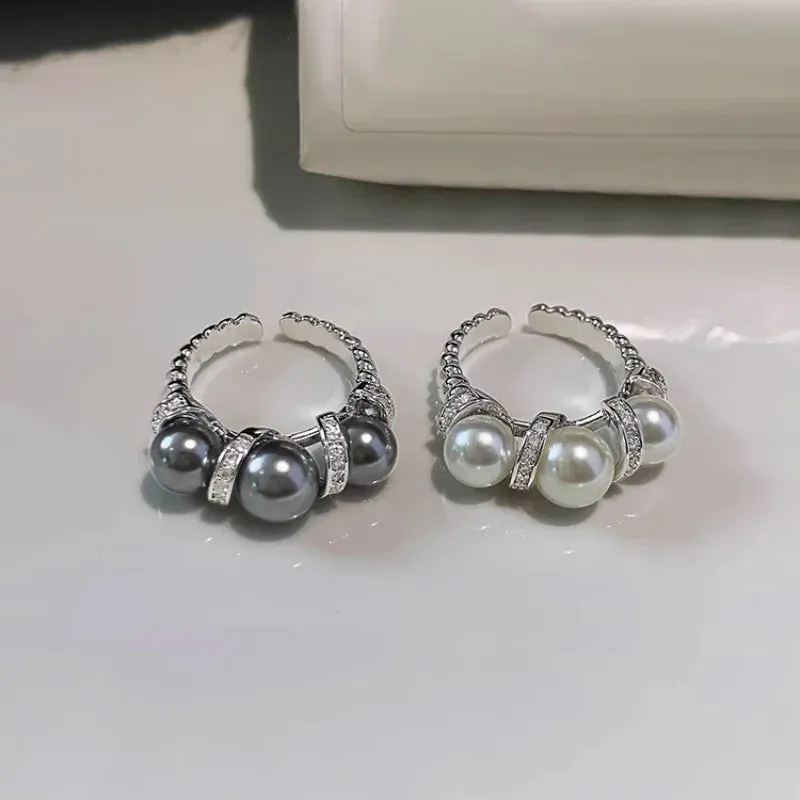 925 Sterling Silver Open Finger Ring Charm Jewelry - Triple Pearl - TSJ97