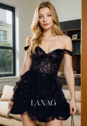 A-Line Off Shouder Appliques Sequins Tiered Party Homecoming Dress A-Line Off Shouder Appliques Sequins Tiered Party Homecoming Dress