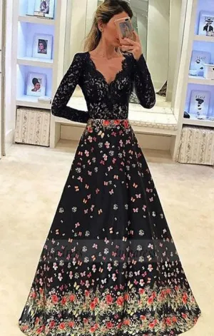 A-Line V-Neck Long Sleeves Floral Black Satin Prom Dress with Lace,BD98773 A-Line V-Neck Long Sleeves Floral Black Satin Prom Dress with Lace,BD98773