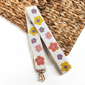 Beaded Purse Strap with Multicolor Flowers in White Beaded Purse Strap with Multicolor Flowers in White