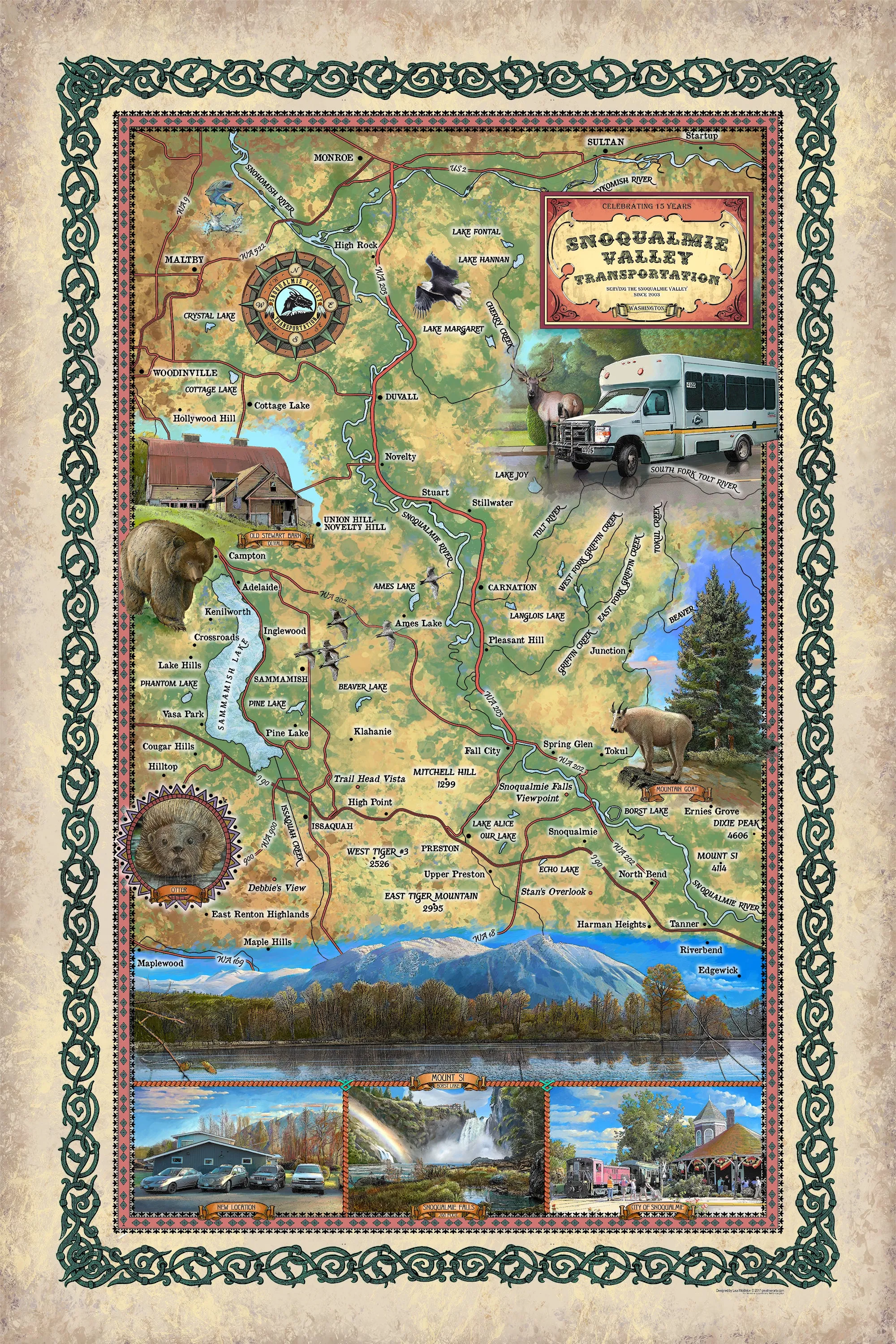 Custom order Snoqualmie Valley Transportation, Washington Custom map design, colorization   print