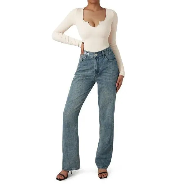 Flash Sales - Ribbed Notch Neck Bodysuit - Long Sleeve