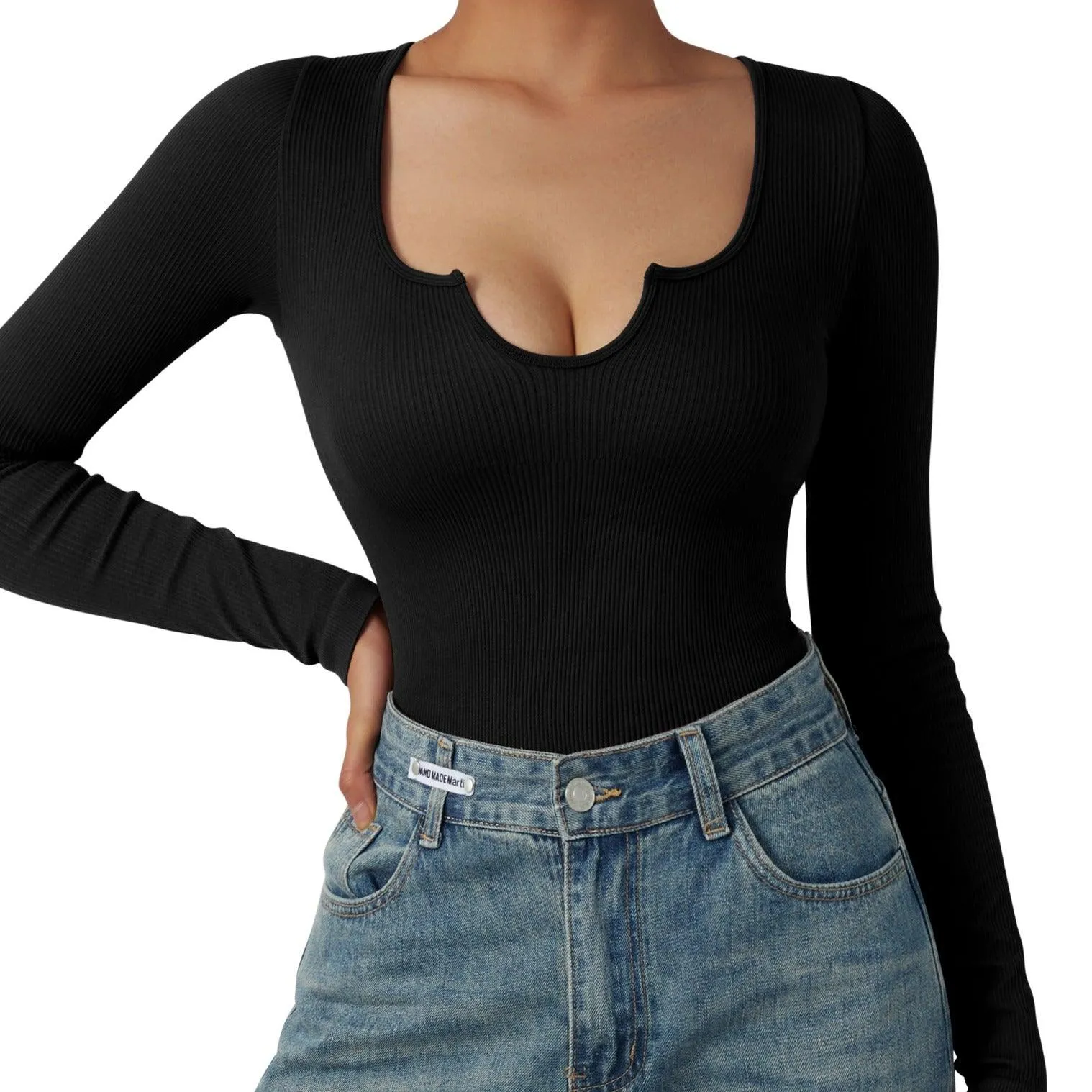 Flash Sales - Ribbed Notch Neck Bodysuit - Long Sleeve