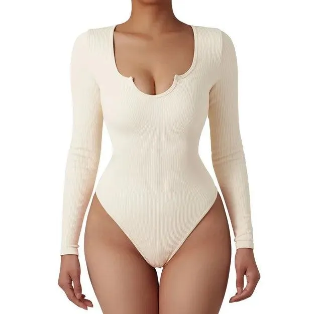 Flash Sales - Ribbed Notch Neck Bodysuit - Long Sleeve