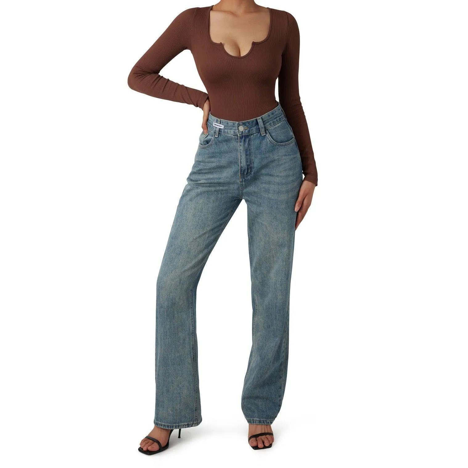Flash Sales - Ribbed Notch Neck Bodysuit - Long Sleeve