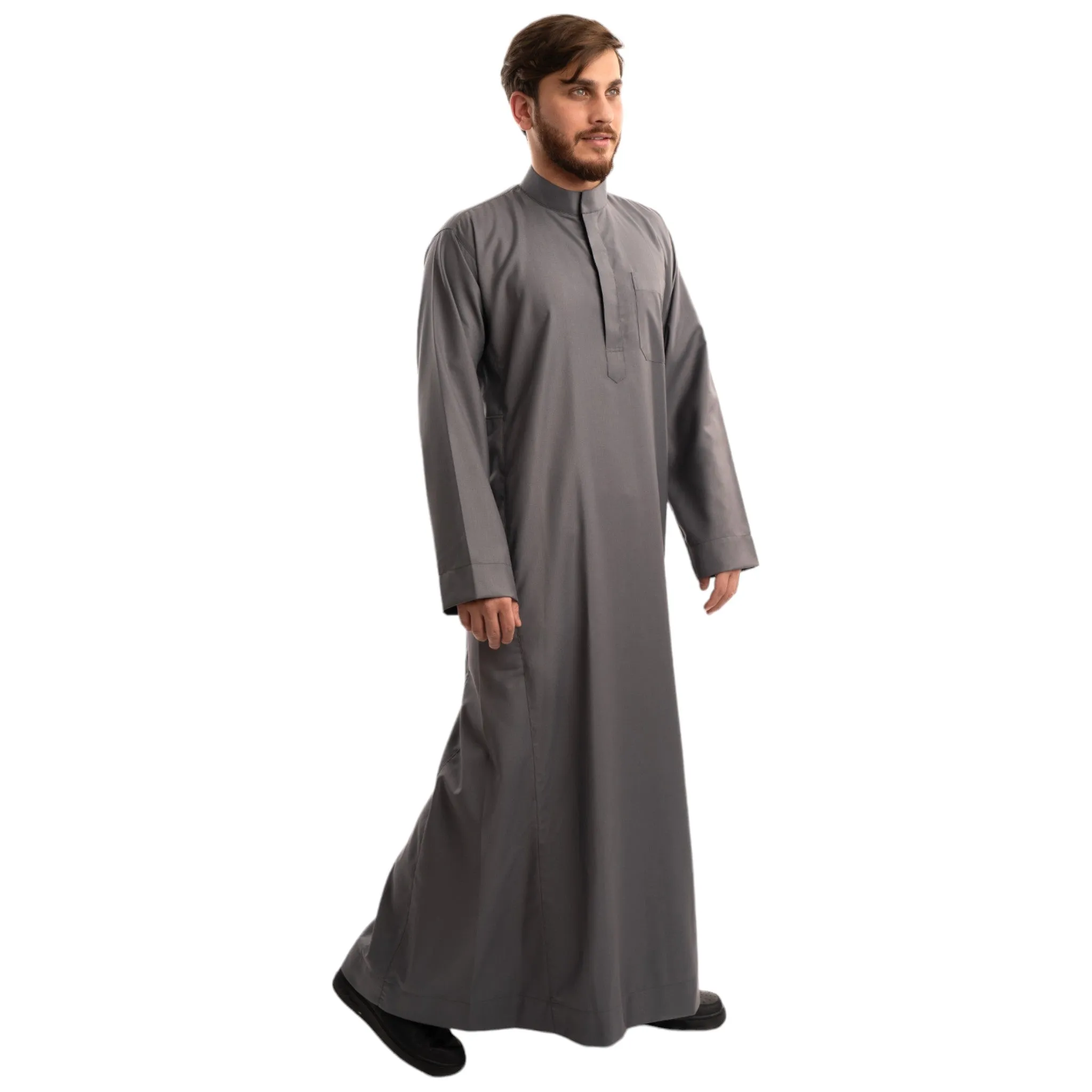 Grey Saudi Collar Thobe - Royale Fabric