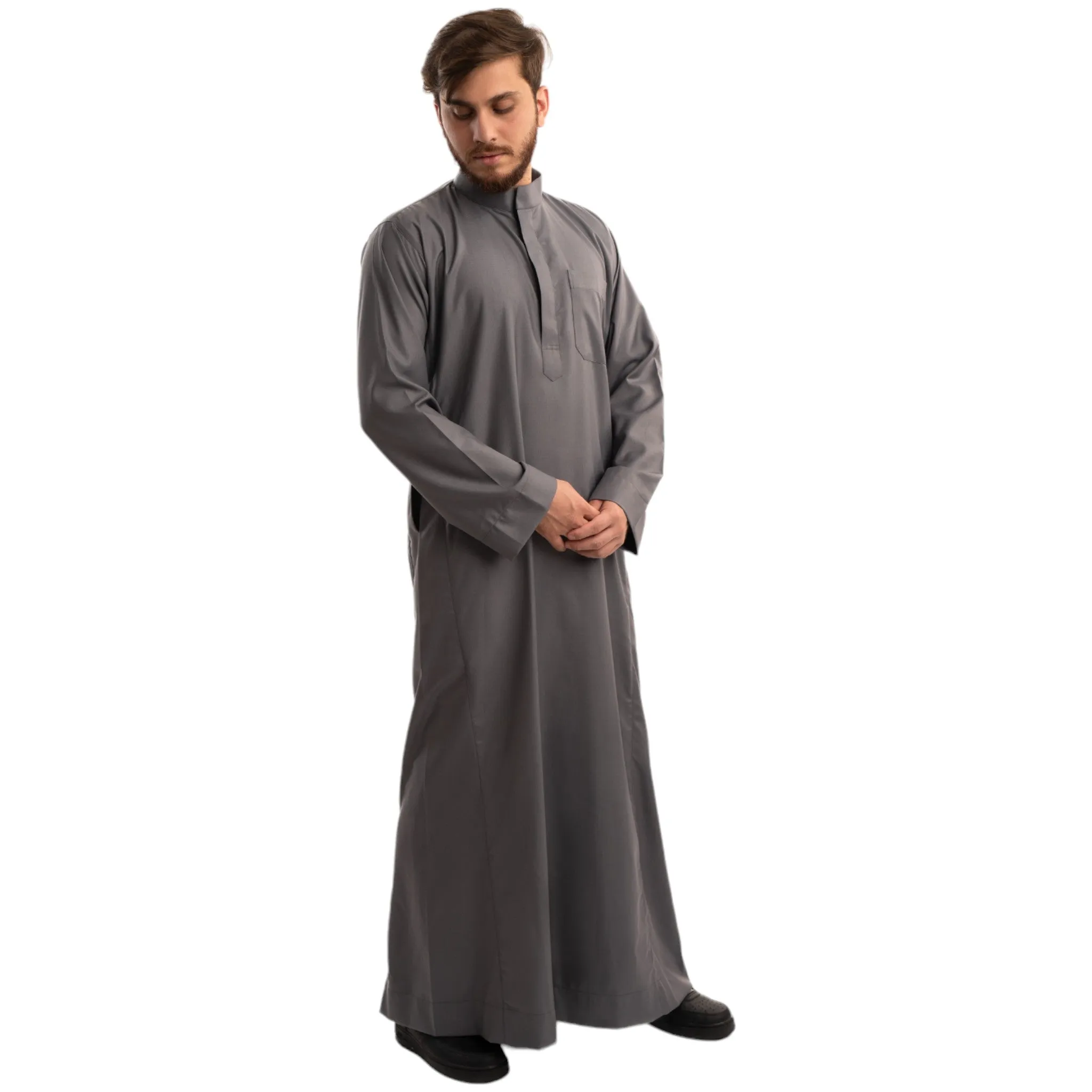 Grey Saudi Collar Thobe - Royale Fabric
