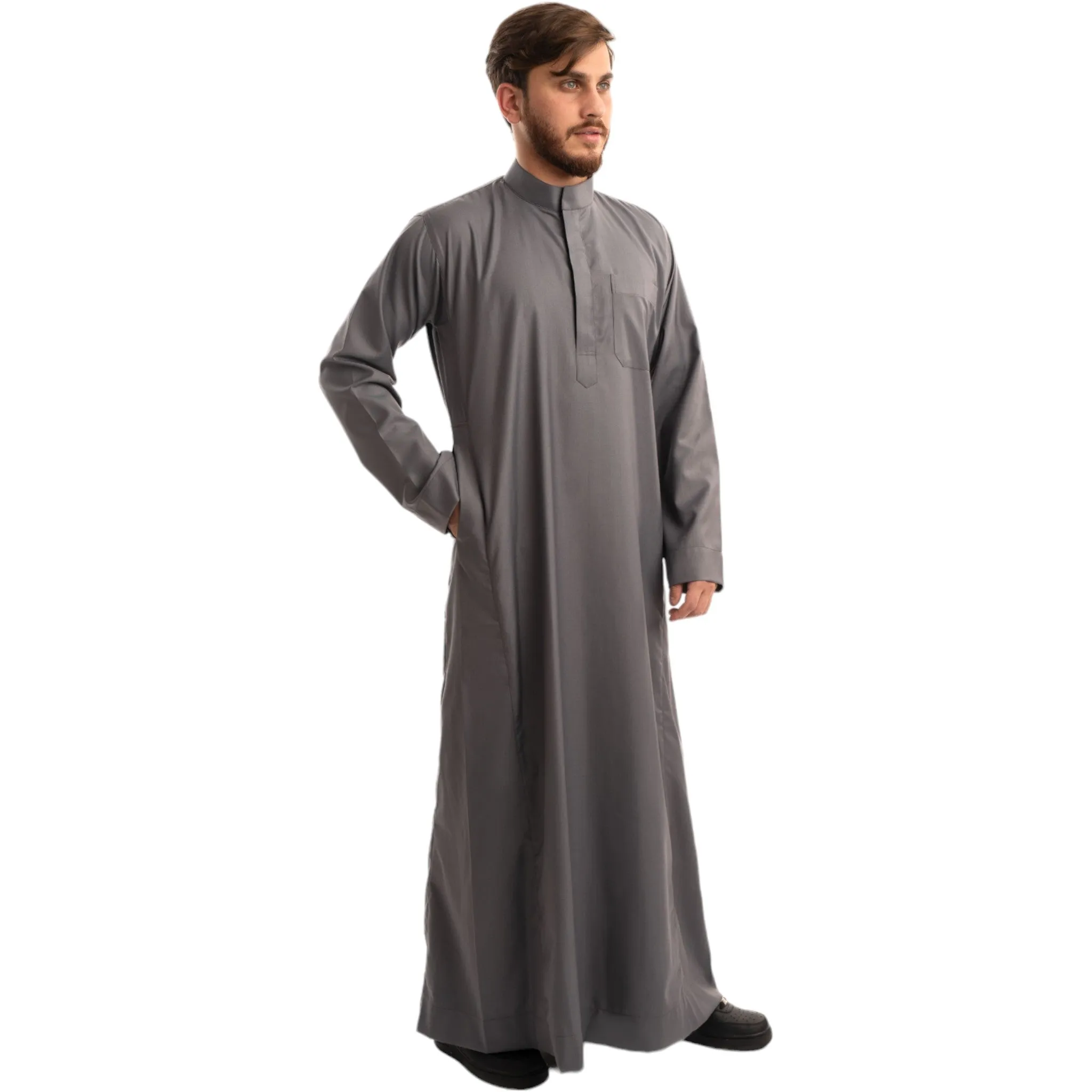 Grey Saudi Collar Thobe - Royale Fabric