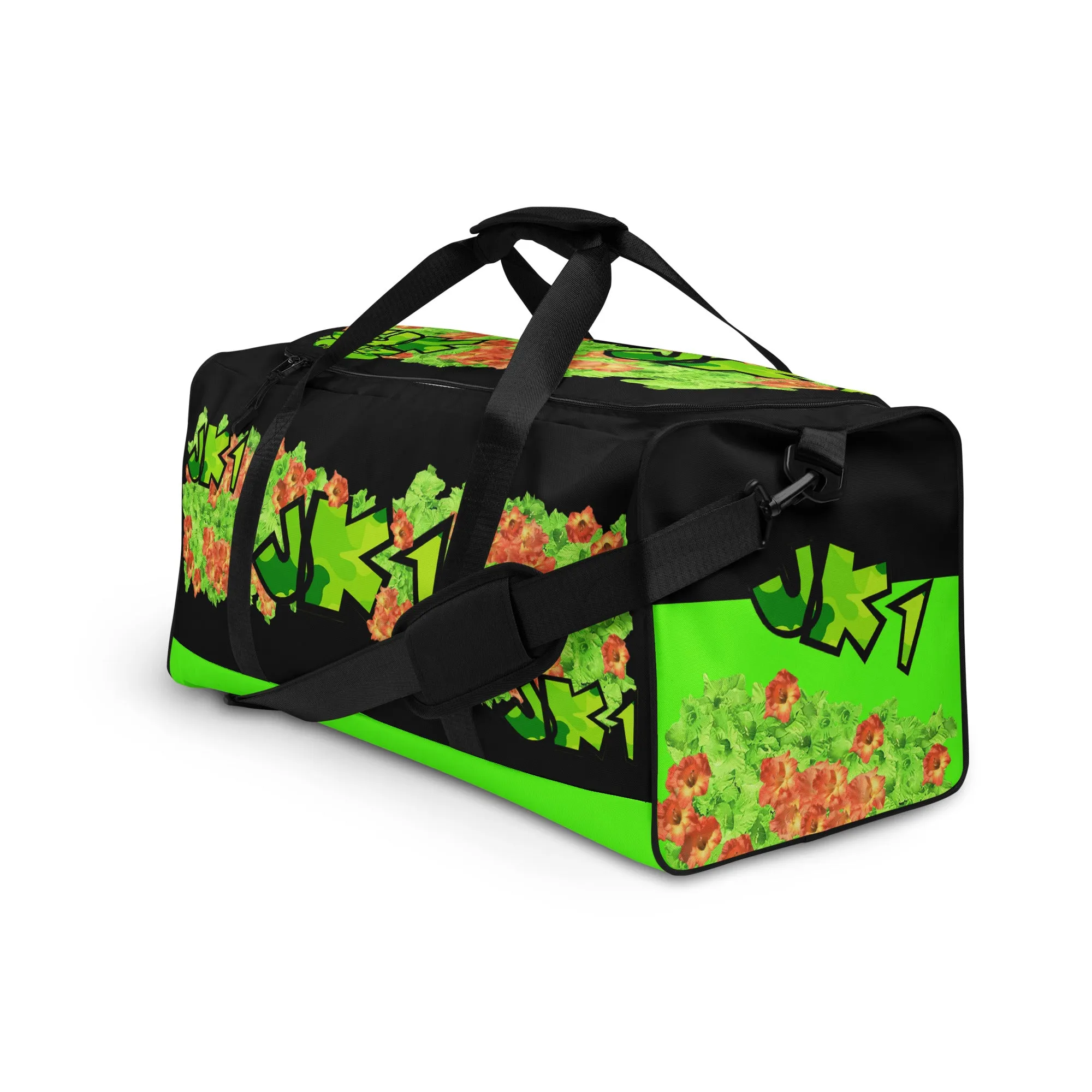 GYM DUFFLE BAG (Premium): GREEN & ORANGE GLADIOLUS BOUQUET  -uniSex (BLACK)