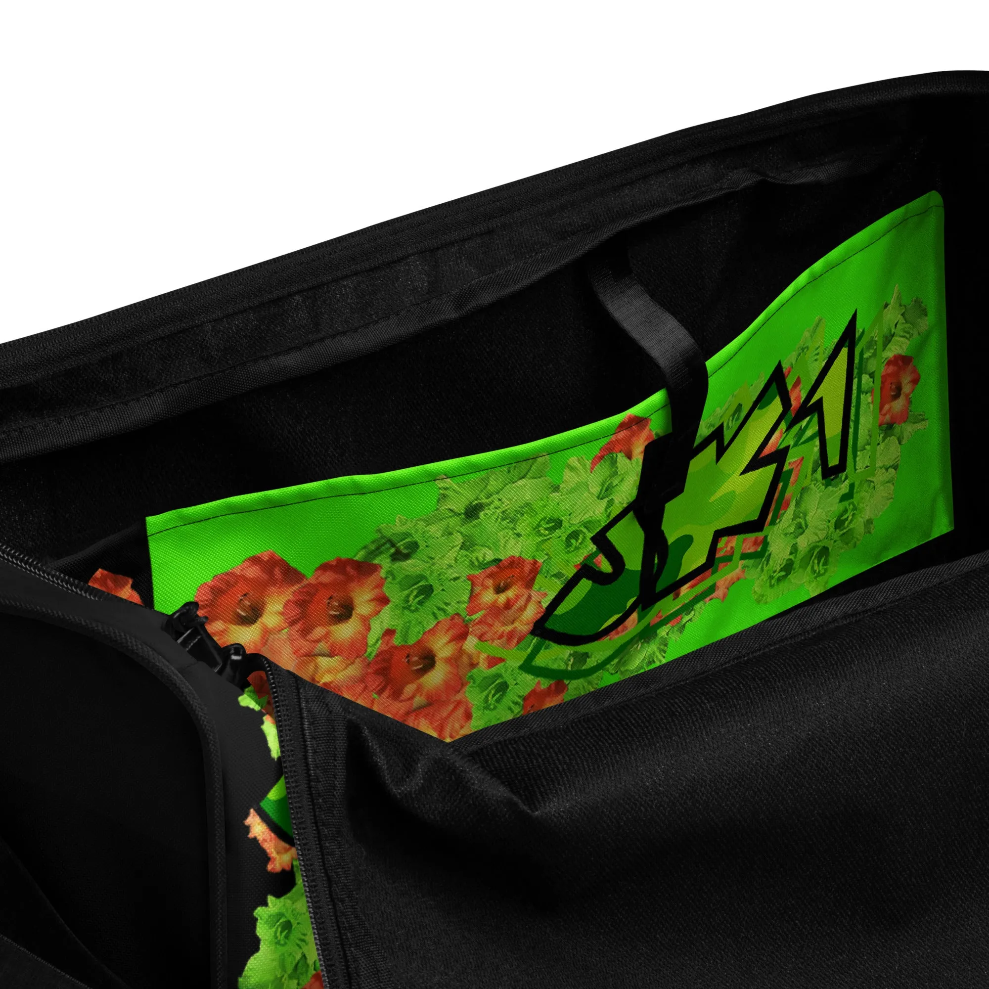 GYM DUFFLE BAG (Premium): GREEN & ORANGE GLADIOLUS BOUQUET  -uniSex (BLACK)