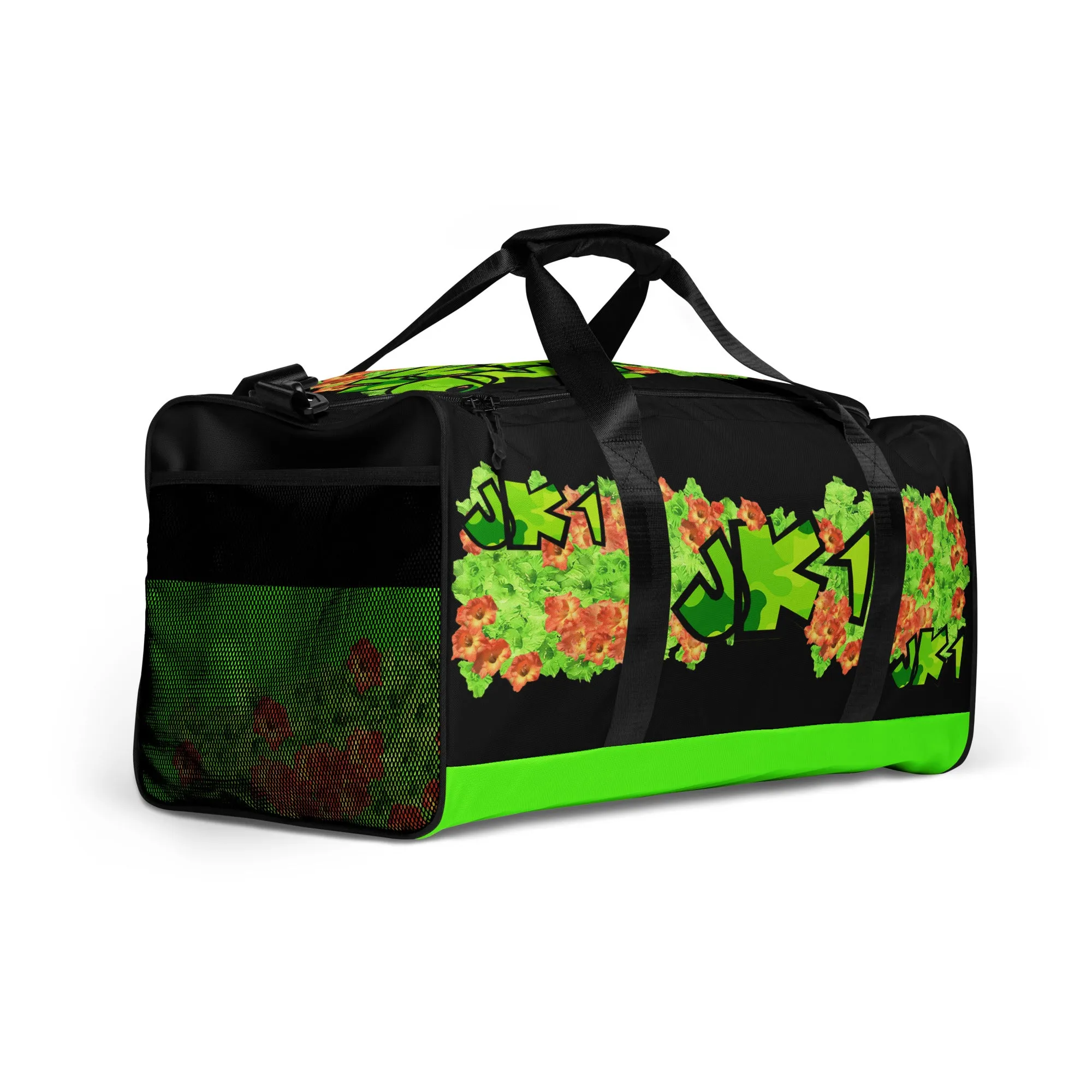 GYM DUFFLE BAG (Premium): GREEN & ORANGE GLADIOLUS BOUQUET  -uniSex (BLACK)