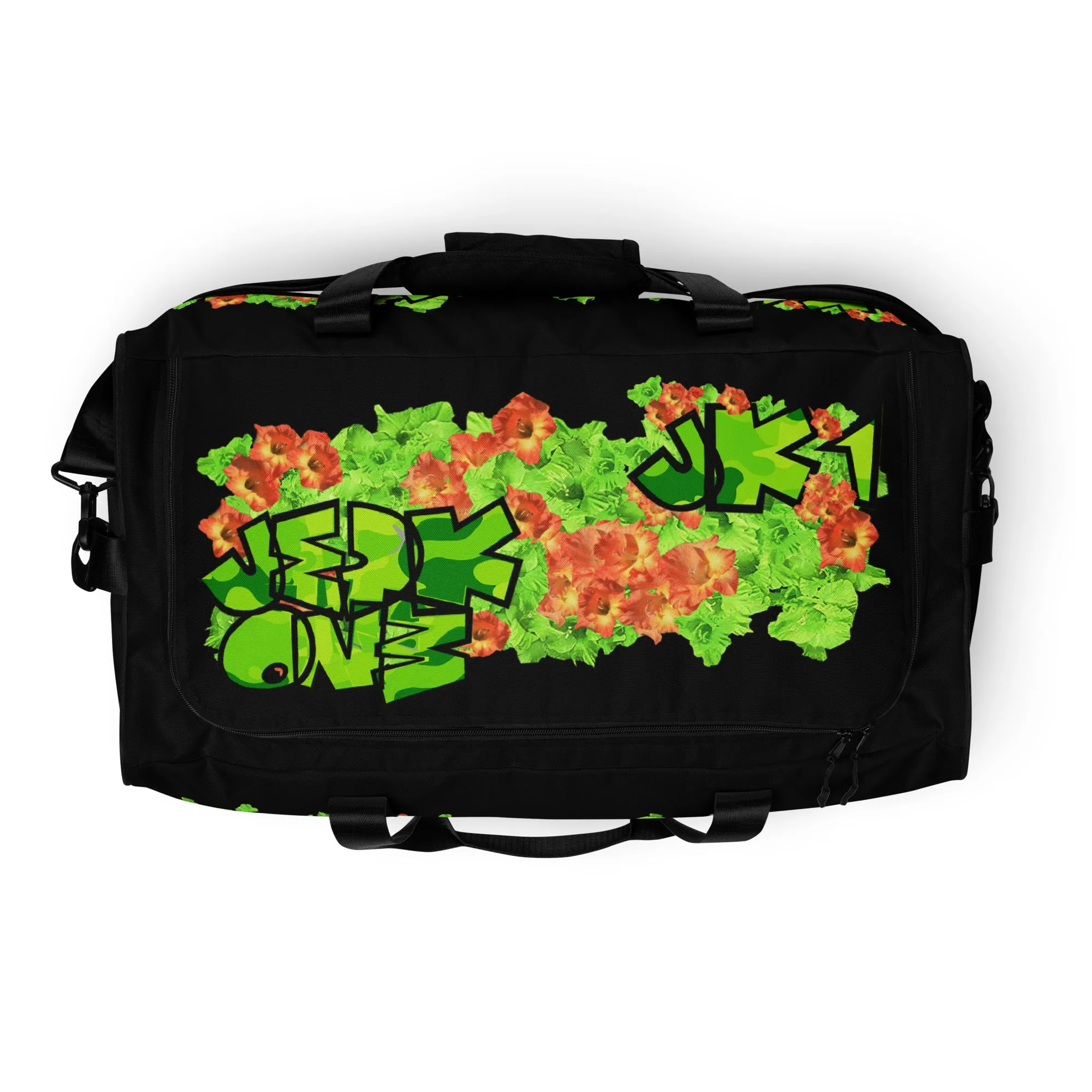 GYM DUFFLE BAG (Premium): GREEN & ORANGE GLADIOLUS BOUQUET  -uniSex (BLACK)
