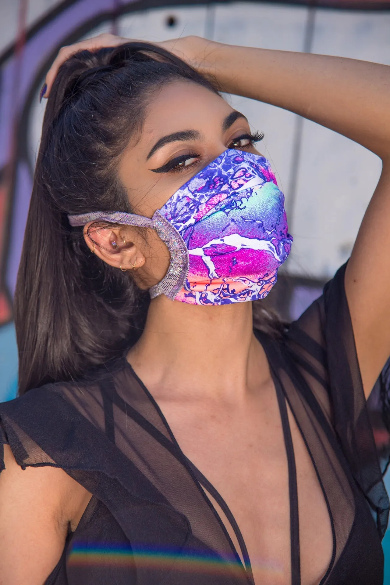 J. Valentine Electric Lavender Spandex Pleated Face Mask- Festival Rave Accessory
