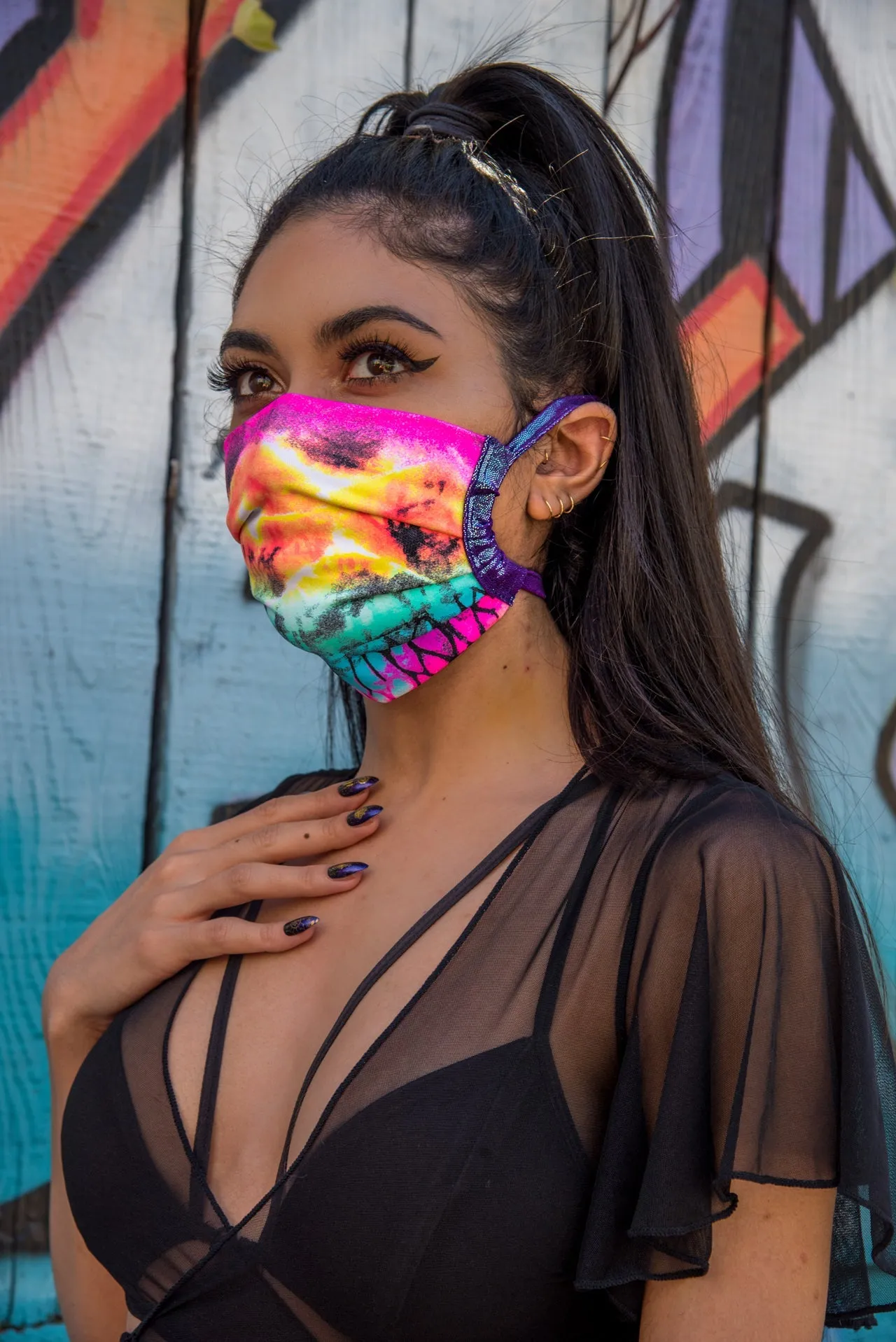 J. Valentine Rainbow Ruin Spandex Pleated Face Mask- Festival Rave Accessory