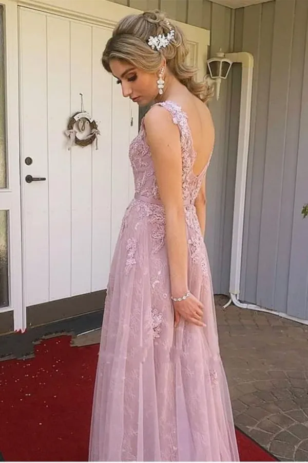 Kateprom A Line V Neck Open Back Pink Lace Long Prom Evening Dress KPP1476