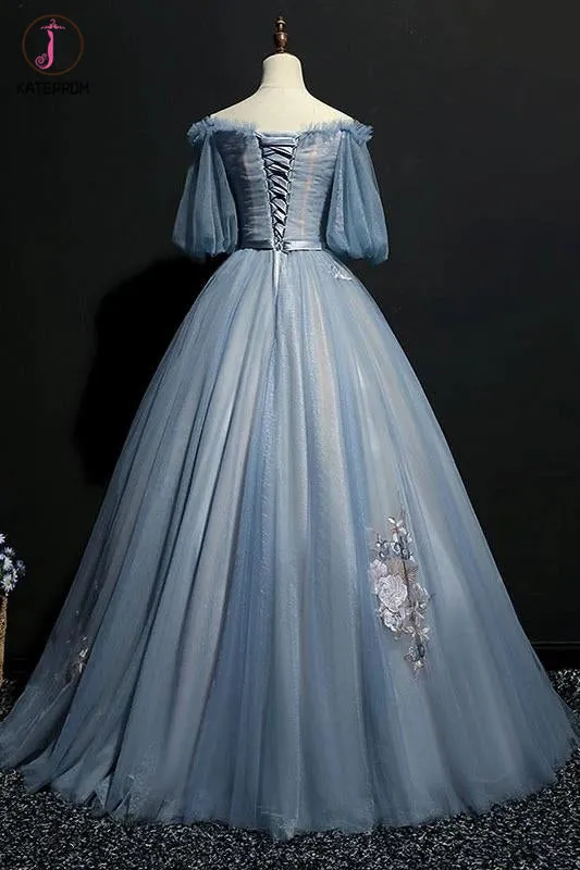 Kateprom Puffy Off the Shoulder Half Sleeves Long Prom Dress with Appliques, Unique Evening Dress KPP1307