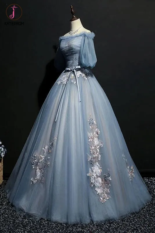 Kateprom Puffy Off the Shoulder Half Sleeves Long Prom Dress with Appliques, Unique Evening Dress KPP1307