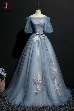 Kateprom Puffy Off the Shoulder Half Sleeves Long Prom Dress with Appliques, Unique Evening Dress KPP1307 Kateprom Puffy Off the Shoulder Half Sleeves Long Prom Dress with Appliques, Unique Evening Dress KPP1307