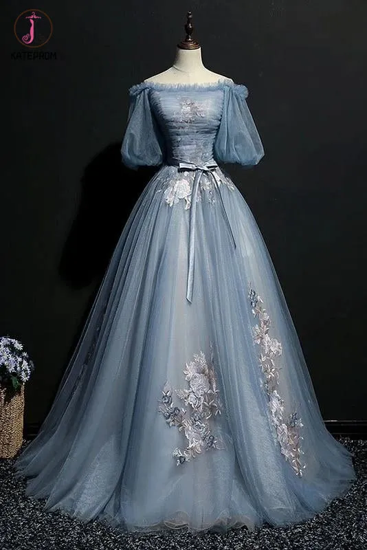 Kateprom Puffy Off the Shoulder Half Sleeves Long Prom Dress with Appliques, Unique Evening Dress KPP1307