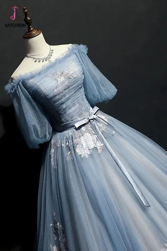 Kateprom Puffy Off the Shoulder Half Sleeves Long Prom Dress with Appliques, Unique Evening Dress KPP1307