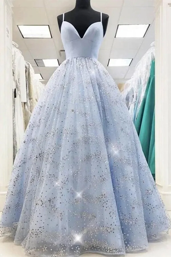 Kateprom Shiny Sequins Spaghetti Straps V Neck Light Blue A Line Long Prom Dress KPP1459