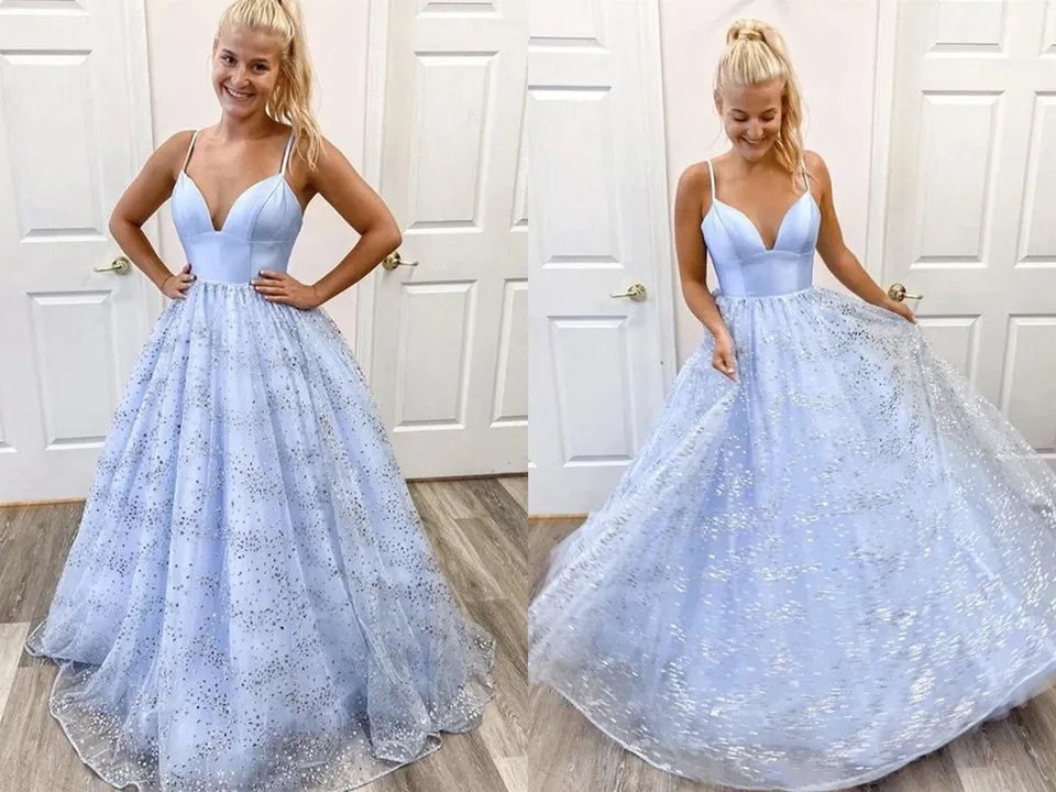 Kateprom Shiny Sequins Spaghetti Straps V Neck Light Blue A Line Long Prom Dress KPP1459