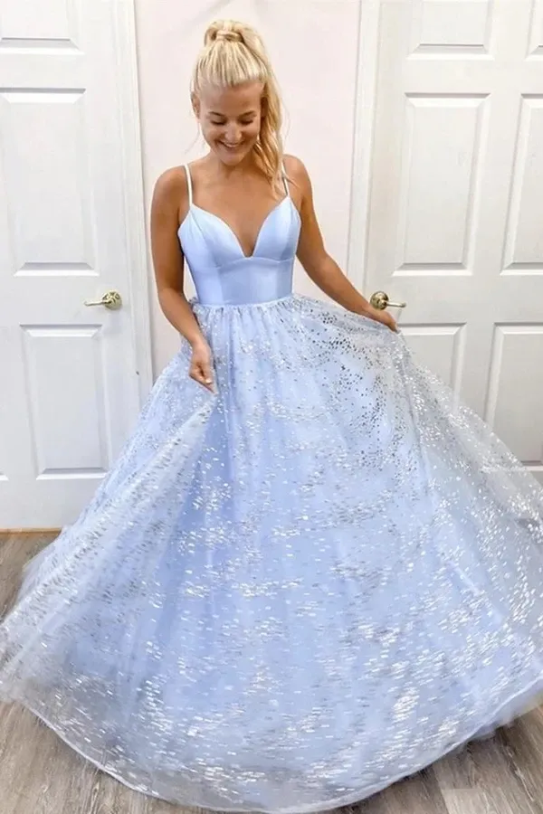 Kateprom Shiny Sequins Spaghetti Straps V Neck Light Blue A Line Long Prom Dress KPP1459