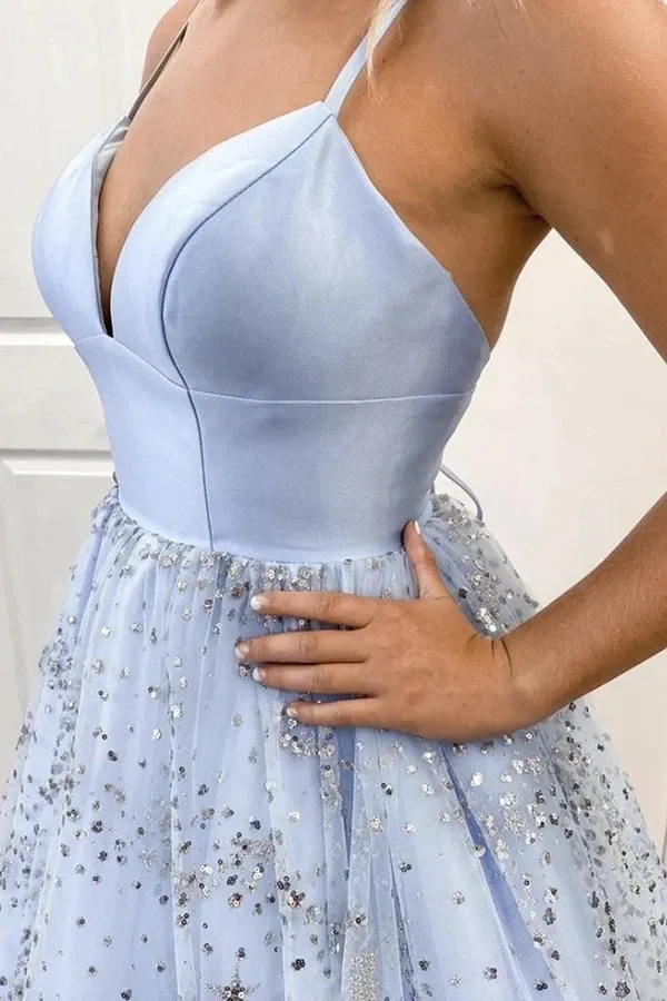 Kateprom Shiny Sequins Spaghetti Straps V Neck Light Blue A Line Long Prom Dress KPP1459