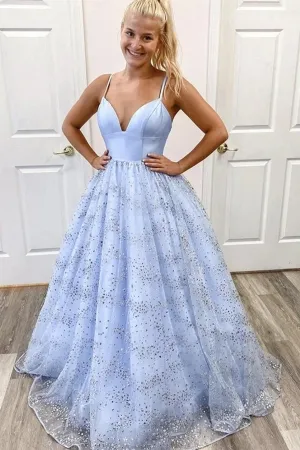 Kateprom Shiny Sequins Spaghetti Straps V Neck Light Blue A Line Long Prom Dress KPP1459 Kateprom Shiny Sequins Spaghetti Straps V Neck Light Blue A Line Long Prom Dress KPP1459