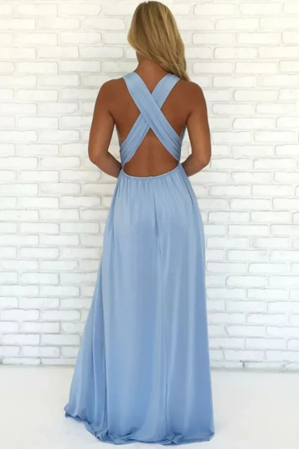 Kateprom Sky Blue Chiffon A Line V Neck Criss Cross Straps Prom Dress With Side Slit KPP1468