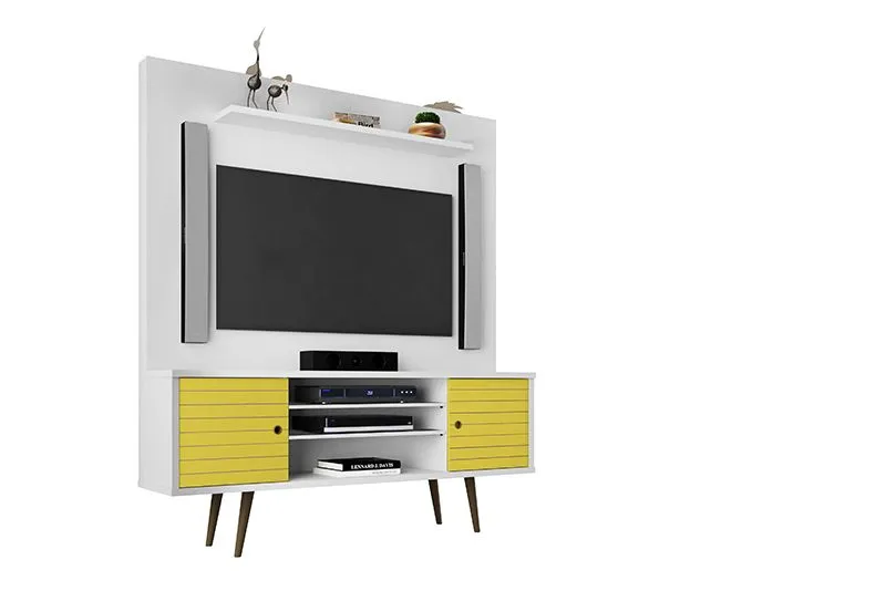 Liberty 63" Freestanding Entertainment Center with Overhead shelf in White and Yellow