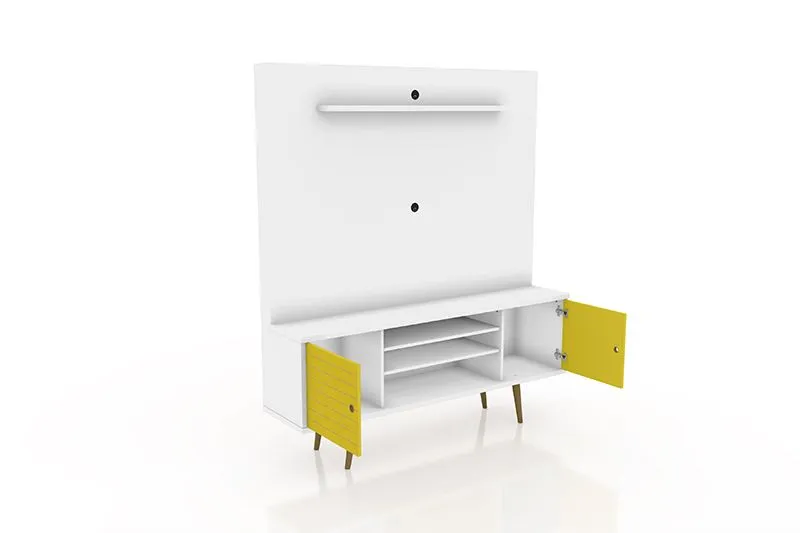 Liberty 63" Freestanding Entertainment Center with Overhead shelf in White and Yellow