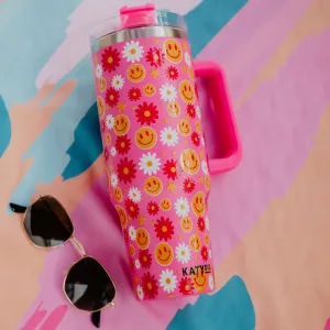 Red Flower Happy Face Wholesale Tumbler Cup w/ Handle Red Flower Happy Face Wholesale Tumbler Cup w/ Handle