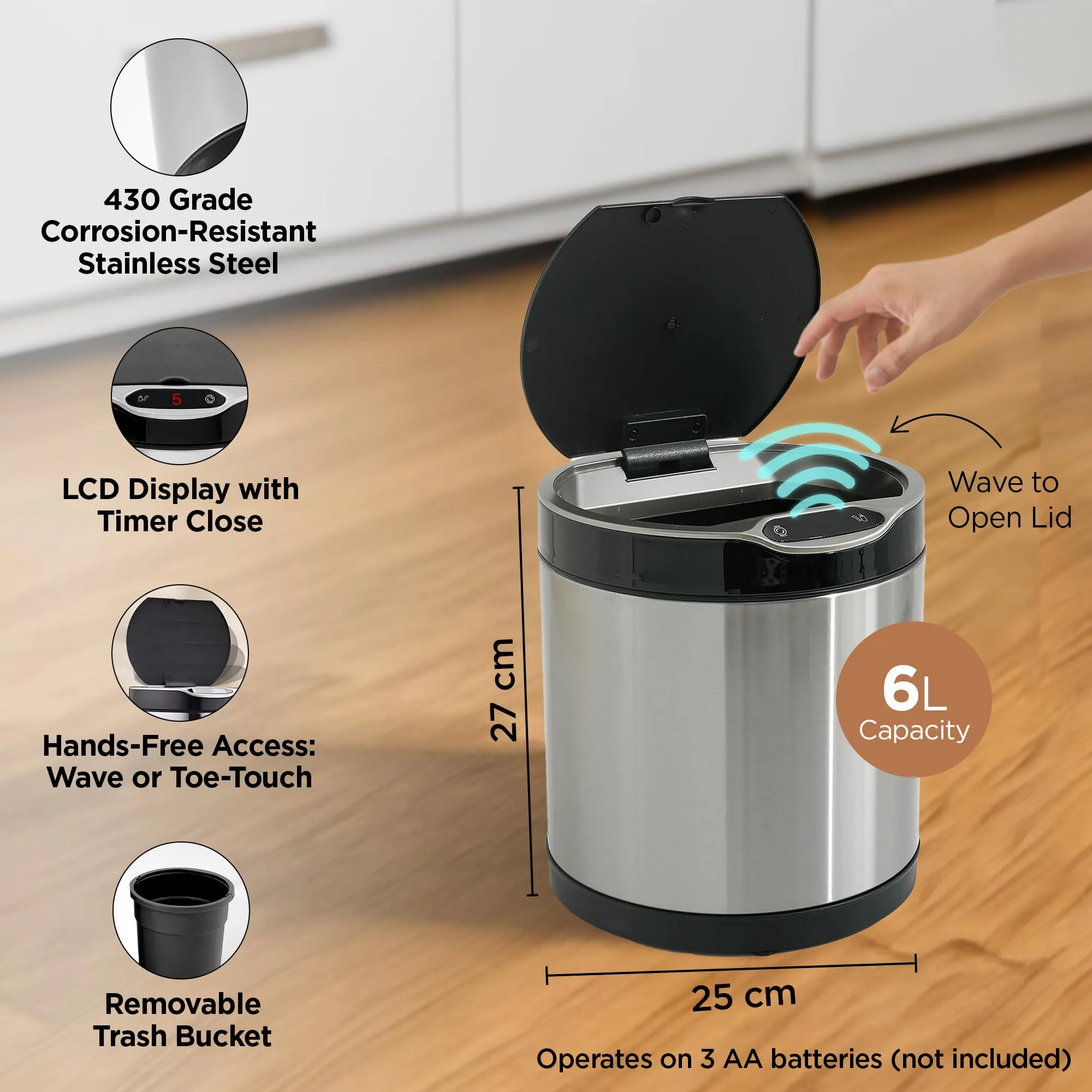 UMAI Stainless Steel Dustbin With Lid | Automatic Dustbin With Inner Bucket | 6L | Dustbin For Kitchen | Round | Dustbin For Bathroom | Dustbin For Bedroom | Dustbin For Home & Office | Silver