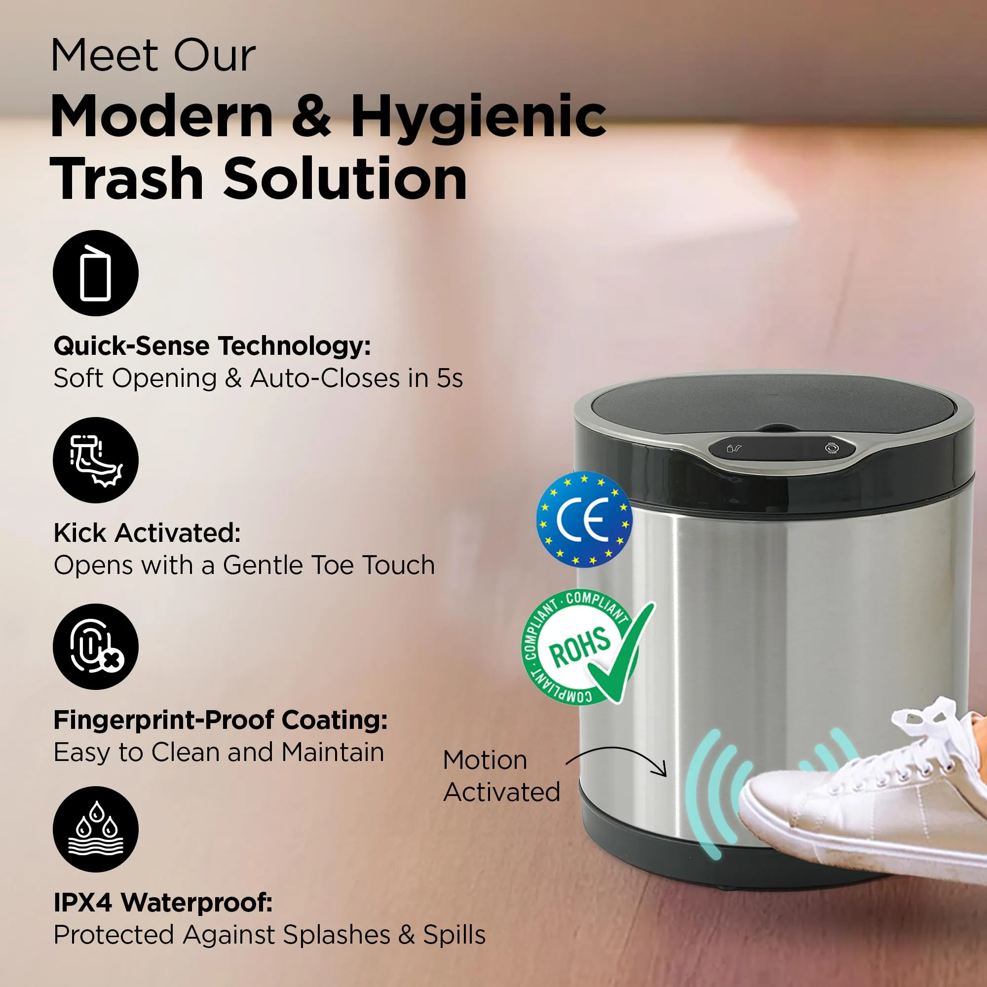 UMAI Stainless Steel Dustbin With Lid | Automatic Dustbin With Inner Bucket | 6L | Dustbin For Kitchen | Round | Dustbin For Bathroom | Dustbin For Bedroom | Dustbin For Home & Office | Silver